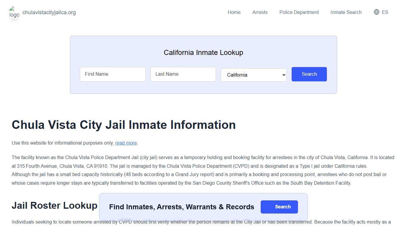 Chula Vista Jail, CA Inmate Roster, Municipal Jail Info
